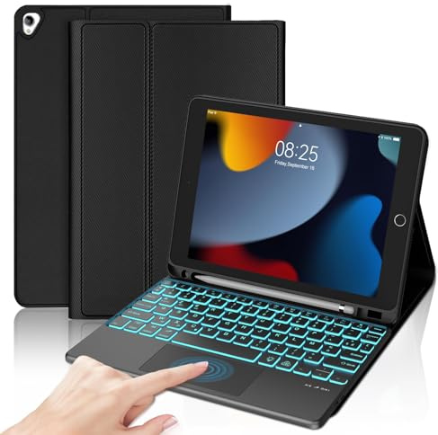 IVEOPPE Clavier iPad 9eme Generation 10.2 Pavé Tactile, Rétroéclairage 7 Couleurs, Coque Touchpad Clavier Magnétique Amovible AZERTY Français pour iPad 9/8/7 EME Generation/Air 3/Pro 10.5, Noir