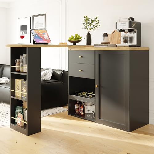 EINHOM 360° Swivelling Bar Table, Kitchen Trolley With Kitchen Extendable Worktop, Kitchen Island with Spice Rack, Kitchen Table With 2 Drawers and 1 Door, Black (105 x 39 x 102 cm) (Black - A)