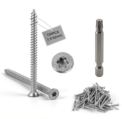 MIGUBIGU 120 Pcs Fensterschrauben Rahmenschrauben Ø7.5 x 82 mm, Terrassenschrauben mit Edelstahl Bit Torx 30, Betonschrauben Ohne Dübel, Fassadenschrauben für Beton, Türen und Fenster, Wände