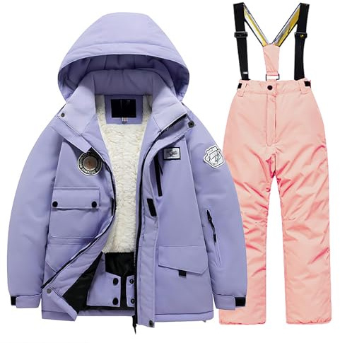Generisch Combinaison de ski pour enfant - Avec poche polaire - Veste et pantalon d'hiver coupe-vent - Snowboard - Unisexe - Pour l'hiver, Rose, 14-16 ans