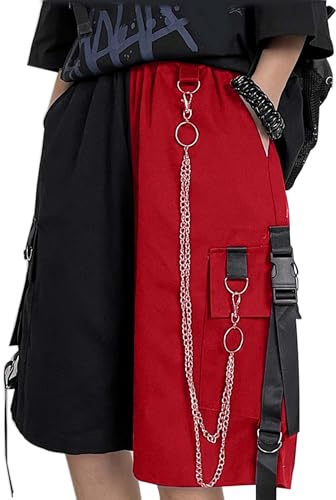 MEINVQIAOTI Black Cargo Pants for Women Street Harajuku Loose Straight Shorts Black Pants with Chains, Black&red, XXL