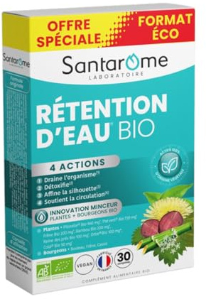 SANTAROME Rétention d'Eau Bio - Drainage - 30 Comprimés - France | 6 plantes et 3 bourgeons 100% Bio : thé vert, piloselle, ortie - Favorise le drainage, jambes légères - 1 comprimé par jour