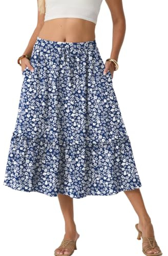 PrinStory Women's Summer Midi Skirts Ladies Boho Flowy Casual Elastic High Waist Skirts with Pockets (Blue White Flower, L)