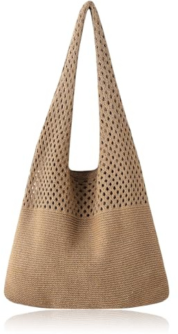 GONZTEL 1 Unidad Bolso de Hombro y Playa Tejido Crochet Grande Caqui, Estilo Boho Ligero, Ideal para Verano, Vacaciones y Uso Diario