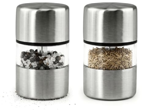 QEEYON 2 Pcs Mini Salt and Pepper Grinder Set, Portable Manual Spice Mills | Adjustable Ceramic Mechanism, Mess Free, Stainless Steel Spice Dispenser, Portable Salt Shakers, for Home Cooking Camping BBQ