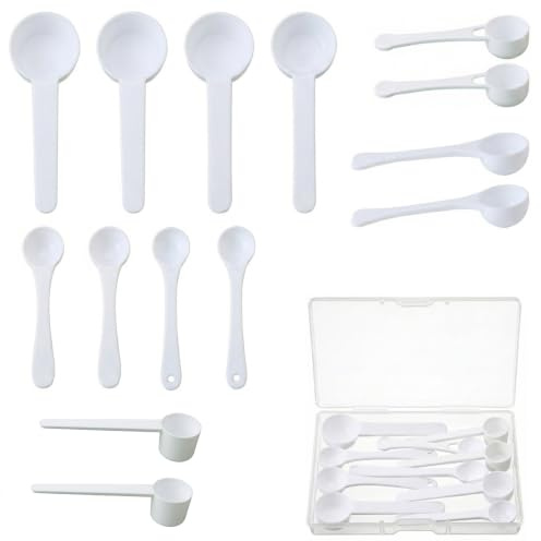 DNOMXB 14 Piezas Cucharas Medidoras de Plástico, Cucharas Medidoras con Escala, Mini Protein Scooper Cucharas Medidoras Plastico, Cuchara Medidora Gramos, cucharas dosificadoras para hornear (Blanca)