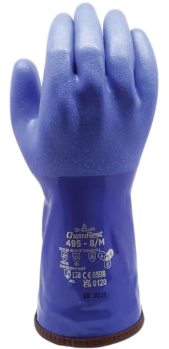 SHOWA 495 Arbeitshandschuh mit PVC-Beschichtung, isoliert, chemikalienbeständig, herausnehmbares Innenfutter, 300 mm lang, 1,5 mm dick, Blau, L