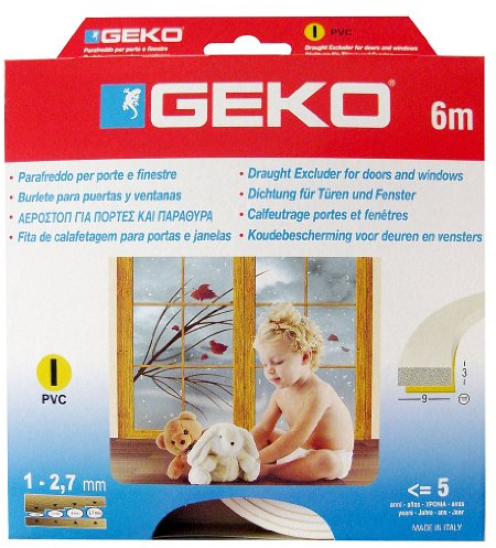 Geko 940008 Türdichtung/Fensterdichtung I-Profil- Selbstklebende zuschneidbare Dichtung für Türen und Fenster, L: 6 m, B x H: 9 x 3 mm, Langlebig- 5 Jahr, weiß