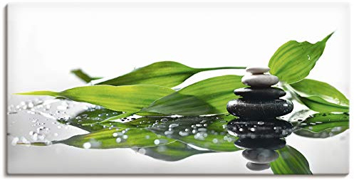 ARTLAND Wanddeko Leinwand Bilder Wandbild 100x50 cm Wellness Zen Stein Fotografie Grün Spa mit Steinen und Bambus S7LT