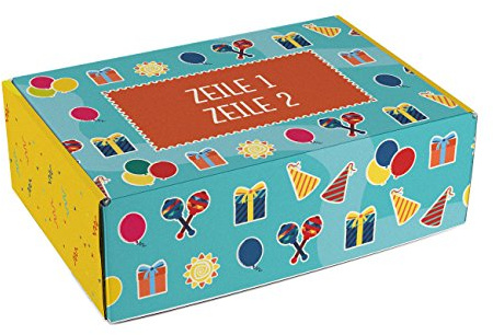 Herz & Heim® schön bunter Geschenkkarton zum Geburtstag oder Schuleinführung mit Ihrem Wunschtext in 2 Zeilen