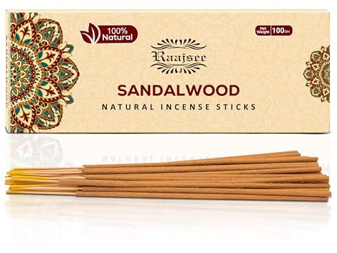 raajsee Sandalwood Incense Sticks 100 Gram Pack-100% Pure Natural Hand Rolled Free From Chemicals, Organic Insensé sticks Non Toxic- Perfect For Church, Aroma therapy, Meditation, scented Joss stick
