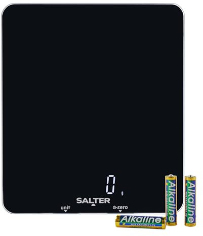 Salter 1180 BKDR Phantom Electronic Kitchen Scale – Digital Baking Scale, 5kg Capacity, Food Scale, Add & Weigh Tare Function, Hidden until Lit Display, Slim Glass Platform, Measures Liquids, Black