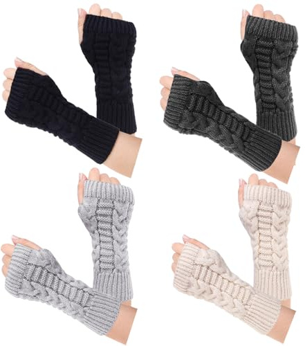 Loritta Womens Fingerless Gloves Winter Warm Knit Crochet Thumbhole Arm Warmers,A1-beige/Light Grey/Dark Grey/Black(4 pairs)