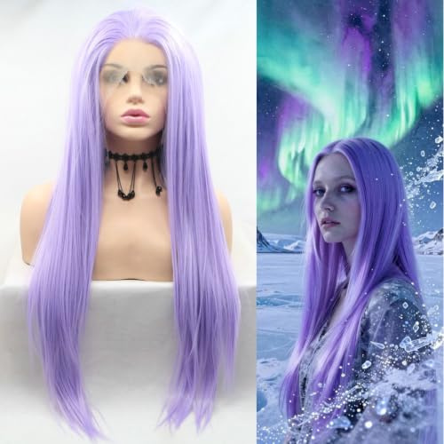 SereneWig Pelucas largas y rectas con encaje frontal sintético morado pastel para mujer, uso diario, fibra resistente al calor, color lila, morado, Halloween, cosplay, fiesta, maquillaje, pelucas Drag