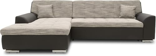 DOMO. collection Ecksofa Treviso, Schlafsofa in L-Form aus Kunstleder und Webstoff, Sofa, Couch mit Schlaffunktion, Eckcouch, Polsterecke, 267 x 178 x 83 cm (BxTxH), grau/schwarz | Longchair links mit Bettfunktion und Kunstleder, L-Form mit Chromfüßen, 267 x 178 x 83 cm (BxTxH)