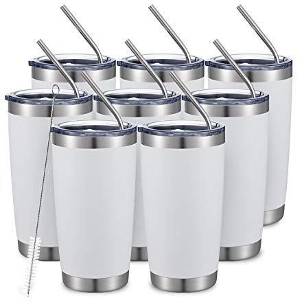 COMOOO 20 oz/8-pack vit tumlare dubbelvägg vakuumisolerad kaffe resemugg rostfritt stål tumlare bulk med lock och sugrör pulverlackerad isolerad kaffekopp för kalla och varma drycker (vit, 8-pack)