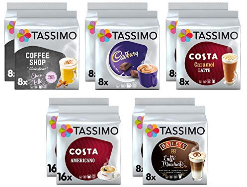 Tassimo Coffee Variety Pack - Costa Americano/Caramel Latte, Cadbury Choco, Chai Latte, Baileys Latte Macchiato Capsules - 10 Packs (96 Drinks)