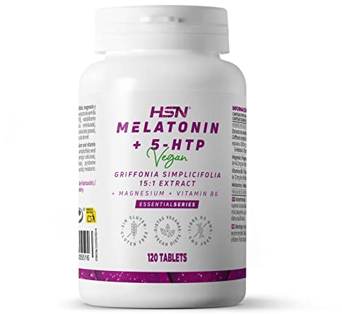 HSN Melatonina + 5 HTP | 120 Tabletas Veganas y Sin Gluten | Melatonina (1,9mg) y 5-HTP (semillas de Griffonia) | Fuente de Magnesio y vitamina B6 | 1 Tableta al Día