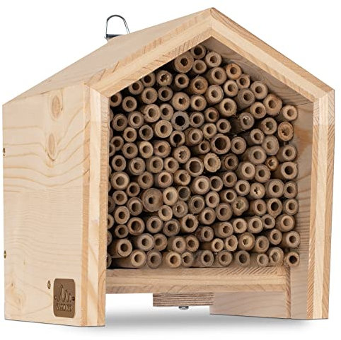 GARDIGO® Tierhaus System: Bienenhaus I Bienenhotel aus Massivholz I Made in Germany I Wildbienen Nisthilfe I Insektenhotel Nistkasten mit Bambusrohr I Wildbienenhotel mit Bambus als Füllmaterial