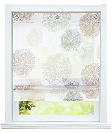 ESLIR Raffrollo ohne Bohren Raffgardine mit Ösen Gardinen Küche mit U-Haken Ösenrollo Transparent Landhaus mit Jahresring Muster Braun BxH 60x140cm 1 Stück