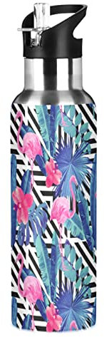 Mignon Oiseau Flamant Rose Fleur De Palmier Isotherme Bouteille d'eau avec Paille, Gourde Sport en Acier Inoxydable 600ML Gourdes sans BPA pour Enfant Garçon Fille École Bureau