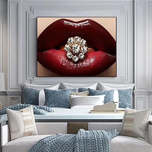 Mode Sexy Frau Rote Lippen Leinwand Malerei Cuadros Poster Fotowand für Wohnzimmer Dekoration Moderne Kunst Fotos 70x100 cm Rahmenlos