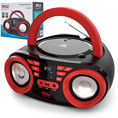PYLE CD Player Portable, CD Players for Home, Portable CD Player, 50W Max Power, Bluetooth, USB, AUX, AM/FM Radio, Top-Loading, Includes AC/DC Power Cord, LED Display, 3+ Hr Battery Life