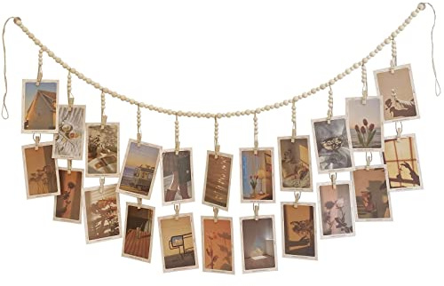 Kintyno Hanging Photo Display with 22 Clips, Wooden Bead Garland, Boho Style Collage Photo Frame Decoration for Dorms, Classrooms, Bedrooms