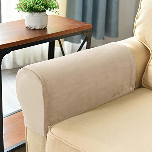 SOLARIS AUTOMOTIVE Set of 2 Armrest Covers, Sofa Stretch Armchair Covers, Anti-Slip Furniture Protector Slipcovers, Soft Velvet Couch Arm Covers for Sofa Recliner Chair,Sandy