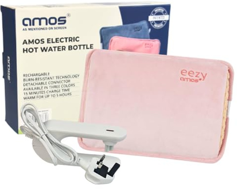 AMOS Eezy Rechargeable Electric Hot Water Bottle Bed Warmer with Hand Heat Pad Glove Pain Relief, Pink