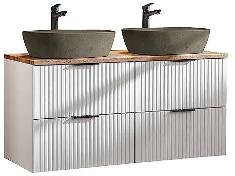 Lomadox Badmöbel Waschtisch Set 120cm Unterschrank weiß matt gerillt mit Wotaneiche, Keramik-Waschbecken Beton-Optik, 2 Softclose-Schubkästen, B/H/T 120,6/74,2/46,5 cm