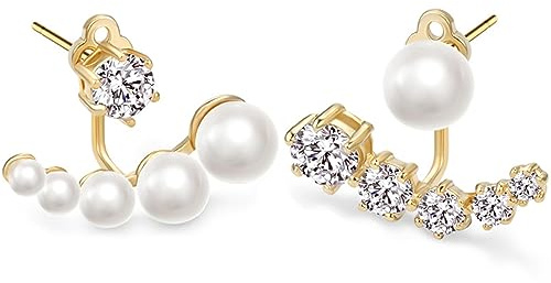 Asymmetrische Perlen-Zirkonia-Ohrringe für Damen – Ohrstecker mit 925er-Silber-Ohrnadeln für Mädchen, ausgefallene Kristall-Unterohr-Stecker, Perlenschmuck als Geschenk für Frauen