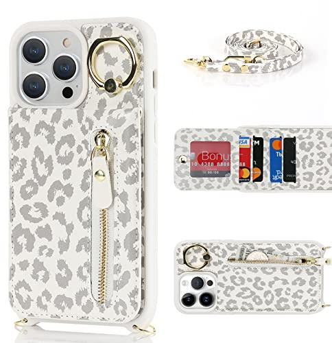 CAVOR Handykette Handyhülle Kompatibel mit iPhone 13 Pro Hülle Mit Band,Flip Leder Geldborse Hülle,[4 Kartenfach][Mit Ring][Reißverschluss],Handytasche zum Umhängeband - Weiß Leopard