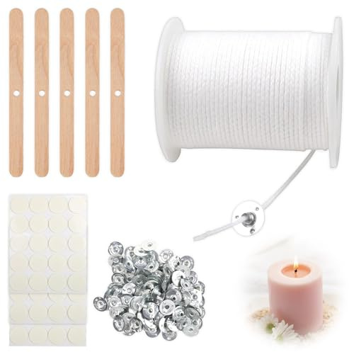 mizikuu Kerzendocht Set, Dochte für Kerze 6100cm, Rauchfrei Kerzen Dochten mit 100 Stück Dochthalter, 5 Stück Dochthalter aus Holz und 60 Doppelseitige Dots Docht Aufkleber für DIY Kerzenherstellung