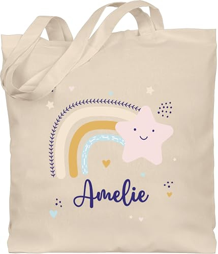 Geschenk mit Namen personalisiert by Shirtracer Baumwolltasche - Regenbogen Sternschnuppe Stern - Unisize - Naturweiß - rainbow star personalisierte sternen name sternschnuppen und