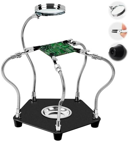 WUFANC Terza Mano Per Saldatura, Stazione Saldatura con 3X Lente di Ingrandimento Braccii Flessibile e Clip, Adatta per Elettronica, Saldatura e Artigianato