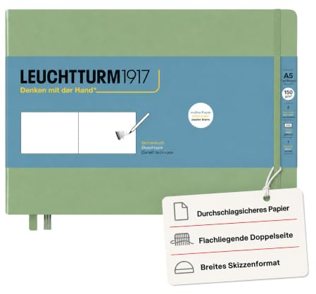 LEUCHTTURM1917 Skizzenbuch Landscape A5 Querformat, Hardcover, Salbei | 150 g/m² Zeichenkarton, blanko, 112 Seiten, Fadenheftung, Falttasche, Lesezeichen, Verschlussgummi, säurefrei