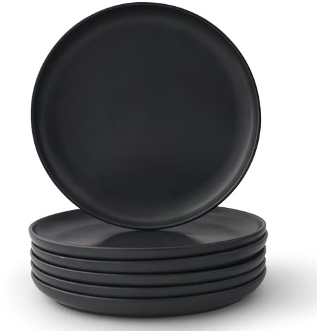 JoyJolt Mesa Stoneware Dinner Plates Set of 6, 10.5 Dish Set, Dishwasher and Microwave Safe Plate Set, Modern Rustic Dinnerware, Kitchen Serving Dishes - Matte Black