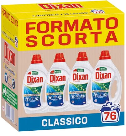 Dixan Liquido Classico Detersivo Lavatrice Formato Scorta (4 x 19 Lavaggi), Detersivo liquido lavatrice per una pulizia del bucato e freschezza igienica per la lavatrice, Rimuove le macchie da 20°C