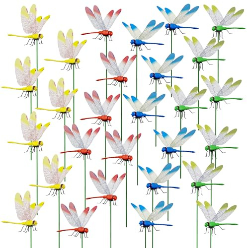 Allazone 28 Stück Garten Libellen Patio Ornamente, Libellen Gartenstecker, Leuchtend Libellen Patio Bunt Schmetterling Gartenstecker Ornamente auf Stöcke für Pflanzendekoration