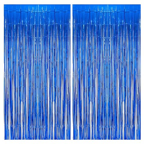 2pcs Navy Blue Glitter Tinsel Curtains, 3.2x6.5ft Shimmer Party Foil Door Curtains with Fringe Tassel Tinsel Backdrop for Birthday Disco Graduation Xmas Party Décor