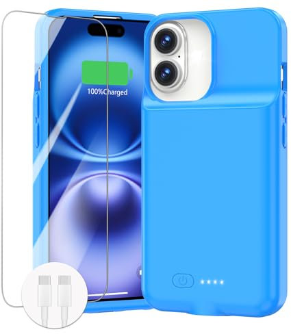 Custodia con batteria per iPhone 16/16e, [2025 nuovo] Custodia di ricarica rapida 8500 mAh, ultra sottile, leggera, ricaricabile, anti-caduta, in TPU, potente, per iPhone 16/16e (6,1 pollici), blu