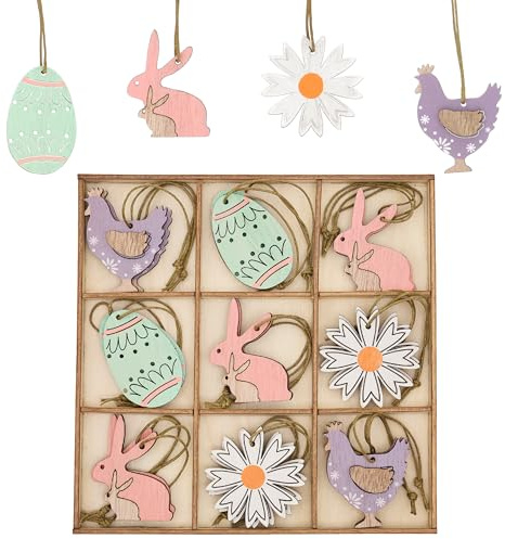 Valery Madelyn 18 Stück 5cm Anhänger, Holzdeko zum Aufhängen, Osterschmuck aus Holz, Osterhasen Eier Hühner und Blumen Dekohänger für Ostern Frühling Deko (Bunt)