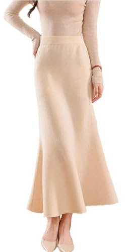Ailaile Falda larga para mujer, 100 % lana merino, de punto grueso, acanalada, elástica, plisada, falda de cola de pez, Beige, Large