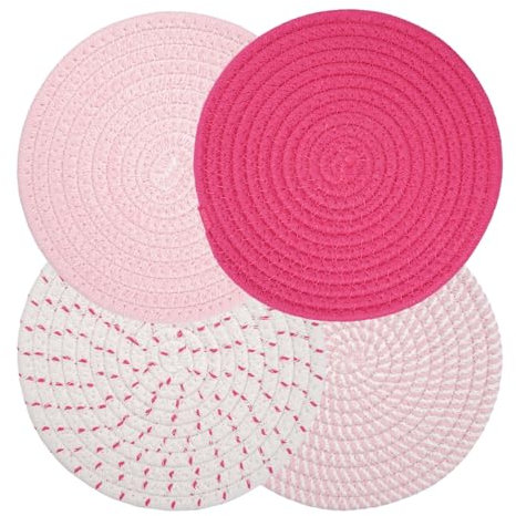 4 Stück Topfuntersetzer Hitzebeständig, Topf Untersetzer-Set Baumwolle Faden Weben Matte, Topf Untersetzer Set Rund, Saugfähig Pfannenuntersetzer für Küche Schüssel Topf Pfannen Kanne Und Teller, Rosa