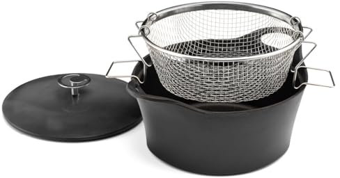 CUISINOX - Volcan - Cocotte ronde 24 cm avec panier inox - 3.4 L - Fonte de fer emaillée - Compatible tous feux dont induction - Friture, cuisson à l'eau, plats mijotés - Noir