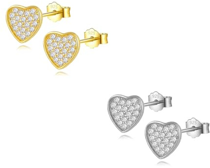 HinDaLi 2 Paires Boucles d'oreilles Coeur Zirconium Boucles d'oreilles en Argent 925 pour Femme Fille Clous d'oreilles Argent Diamant Petite Boucles d'oreilles Femme Or Boucles d Oreilles Argent Love