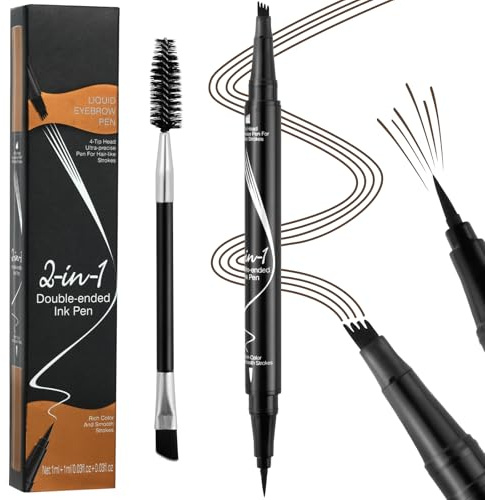 LOPHE Lápiz de Cejas Microblading, 2 en 1 Doble Punta Lapicera de Cejas, Bolígrafo de Cejas con 4 Puntas Microfork, Resistente al Agua, Crea de Cejas y Delineador de Ojos Natural(Marrón Oscuro)
