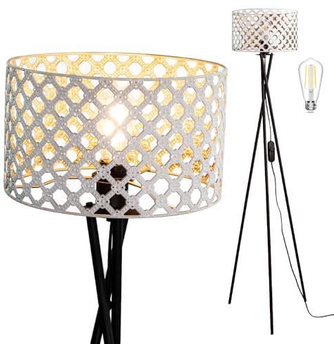Osasy Lampada da Terra Camera/Soggiorno | Design con Treppiede in Metallo & Paralume Artigianale | LED Dimmable 6W | Altezza Regolabile | Illuminazione Perfetta Moderna