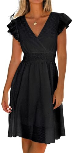 CUPSHE Damen Sommerkleid V-Ausschnitt Flatterärmel Minikleid Schwarz XL